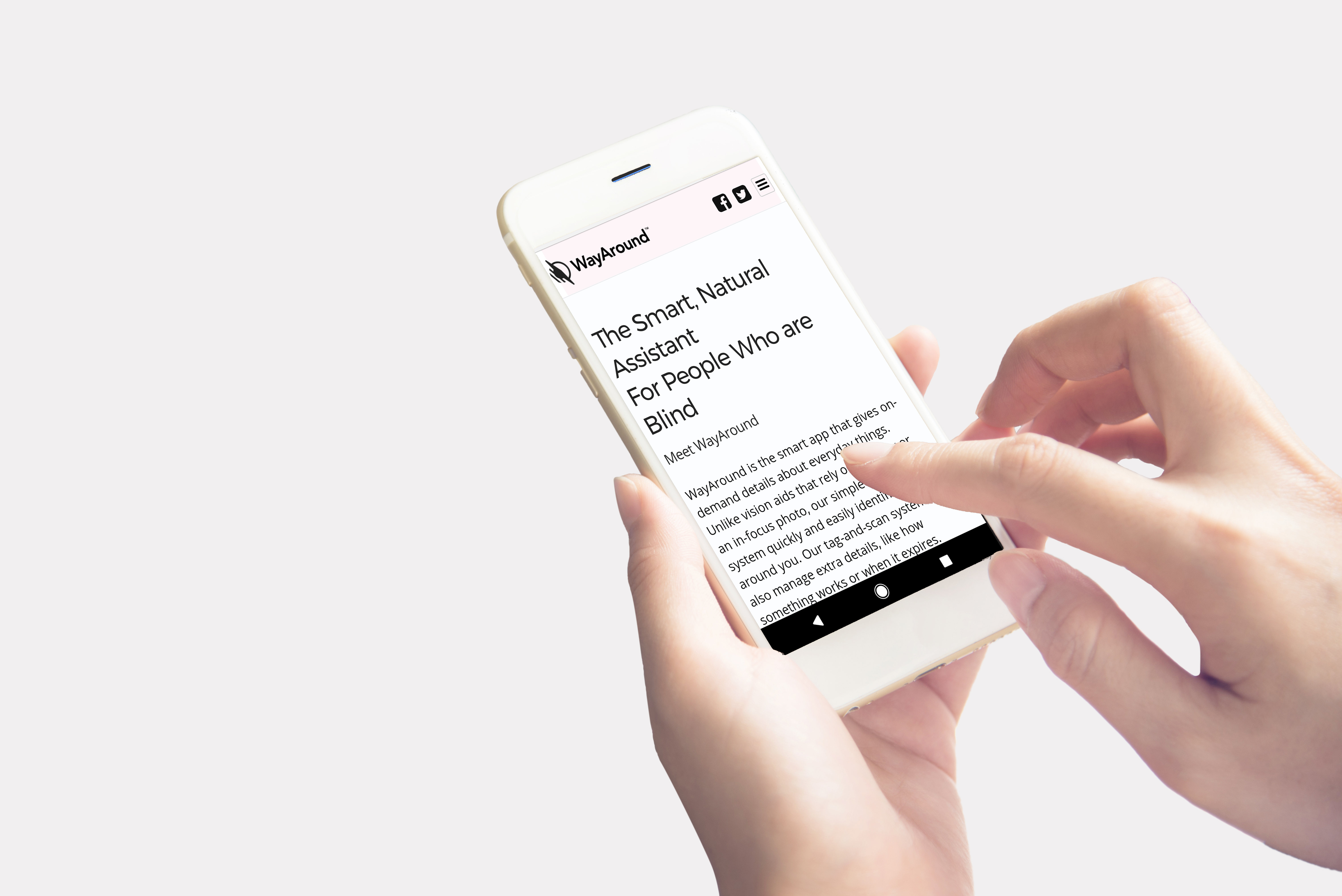 woman's hands holding smart phone showing WayAround homepage