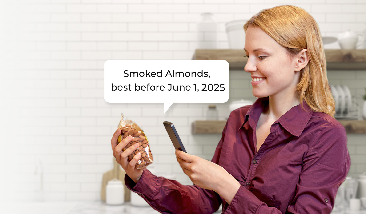 Woman holding phone up to bag of almonds. A speech bubble from the phone says: Smoked Almonds, expires June 1, 2020