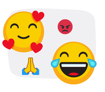 Gray background with four emojis. There is a large smiley face with hearts and a large laughing-crying emoji. An angry face is smaller and praying hands also show.
