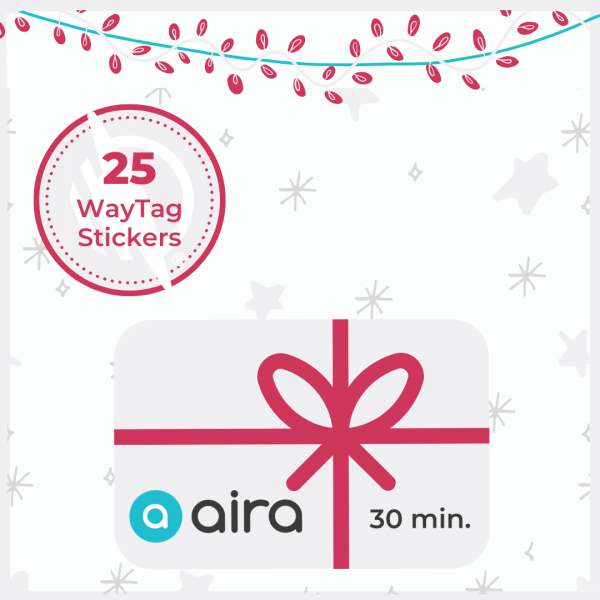 Graphic of a gift card with the Aira logo and text reads 30 minutes. Red circle with text 25 WayTag Stickers. Illustration of holiday lights stretches across the top.