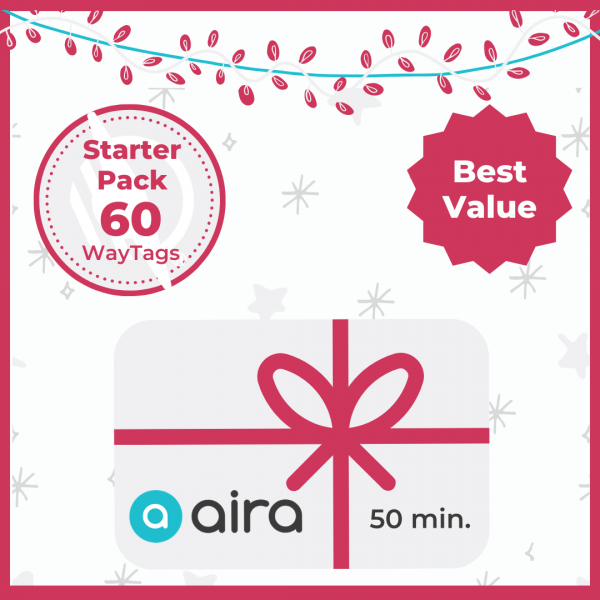 Graphic of a gift card with the Aira logo and text reads 50 minutes. Red circle with text Starter Pack 60 WayTags. Red Star with text Best Value! Illustration of holiday lights stretches across the top.