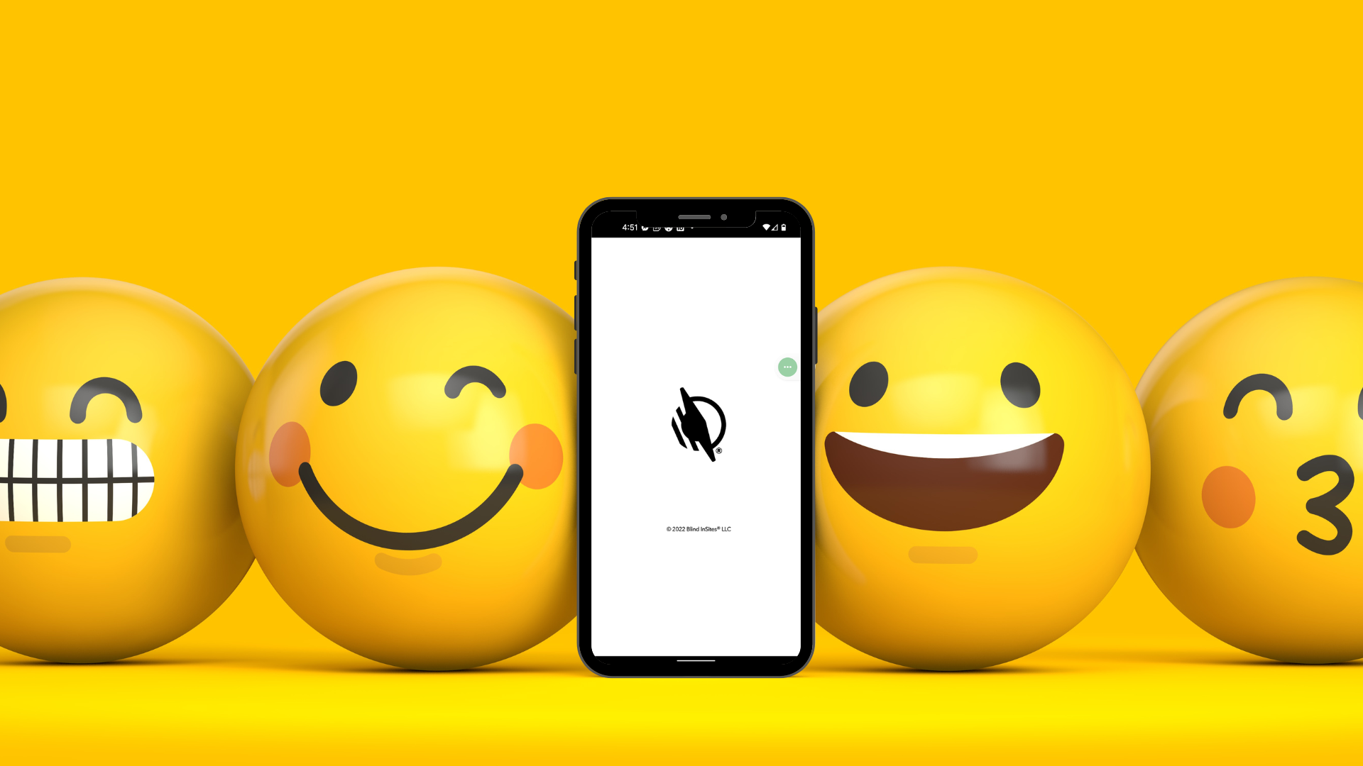 Sunny yellow background with a smartphone in the center. The phone shows the WayAround splash screen. 3D emojis are on either side of the phone. From left to right: grimacing face emoji, winky face, happy face, and kiss face emoji.