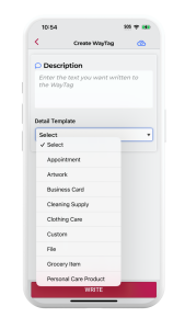 Smartphone with the WayAround app showing a dropdown for the Detail Template field.