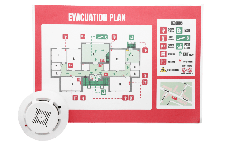 An evacuation plan showing a floorplan with fire exits.