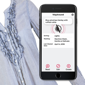 WayAround Mobile App Image with descriptive information about Blue and White Striped Henley Shirt with shirt in background