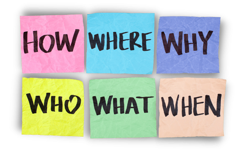 Six colorful sticky notes with the words How, Where, Why, Who, What, When.