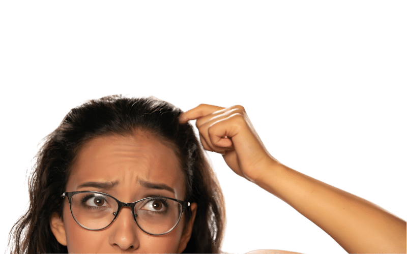 A woman of color is wearing glasses and scratching her head.