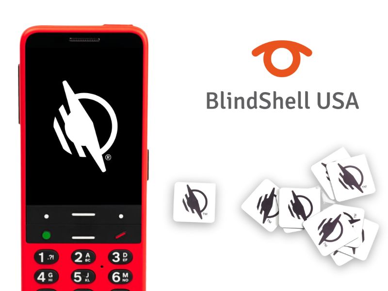 A red phone, the BlindShell Classic 2, with the WayAround app on the screen. Several white, square WayTags are to the right of the device. The Blind Shell logo is at the top.