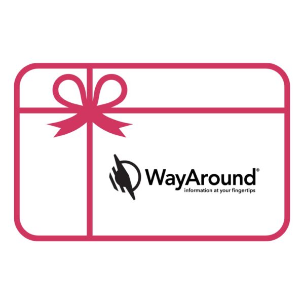 Red outlined graphic of a flat gift card with a red bow on it. WayAround's logo is printed in black near the lower right hand corner